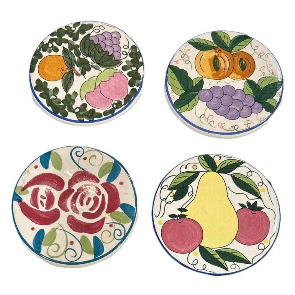 Vtg World Bazaars 4 Fruit Ceramic Glazed White Trivets Blue Rim Chinoiserie 6.5”